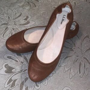 L.L.BEAN Chic Women’s Ballet Flats Metallic Bronze Snake Embossed Leather Sz 7.5